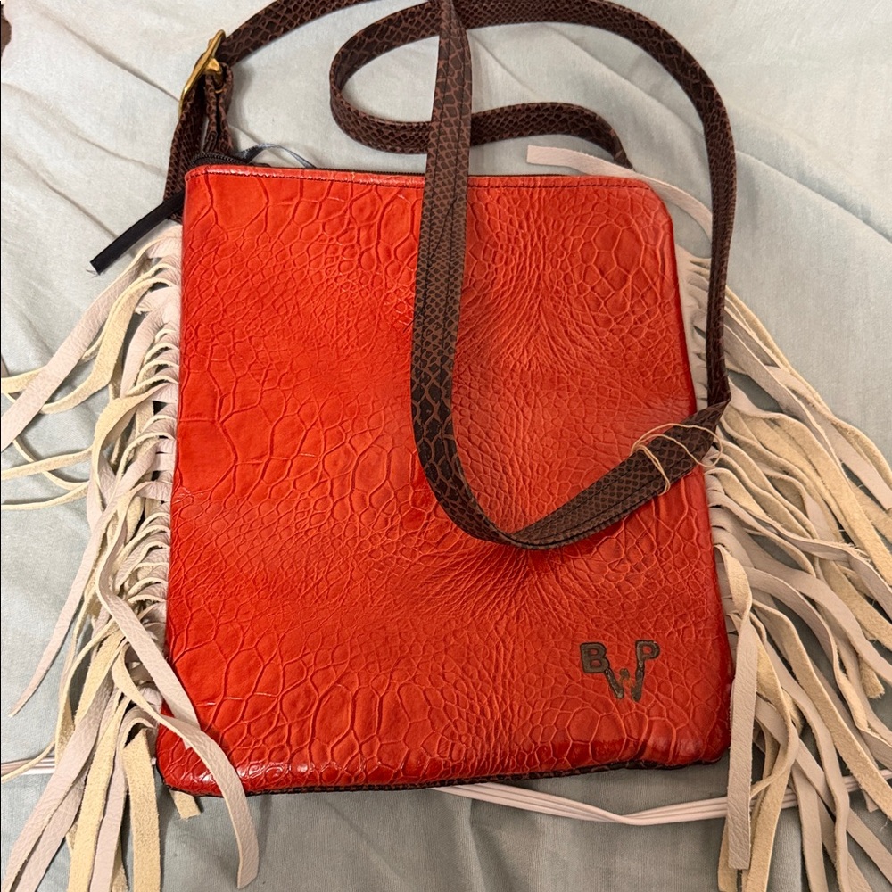 BP Textured Orange and Brown Crossbody Bag with Fringe